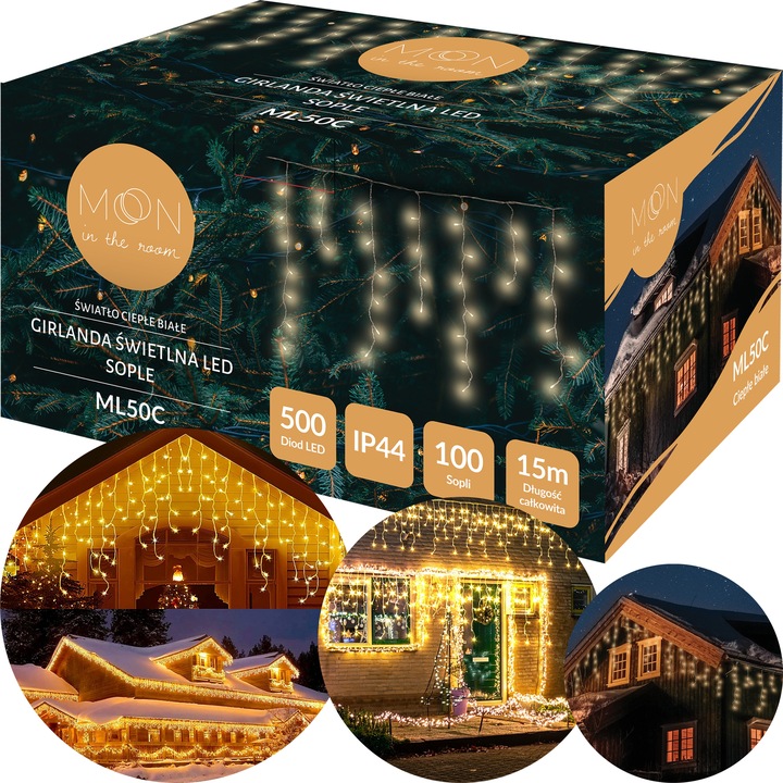 LAMPKI CHOINKOWE ŚWIĄTECZNE SOPLE Z EFEKTEM FLASH ZEWNĘTRZNE 15M 500 LED