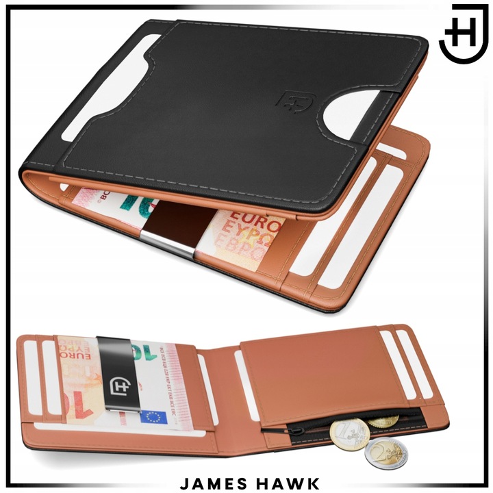 James Hawk Smart Wallet skórzany portfel męski Slim 1,5 cm Czarny Brąz