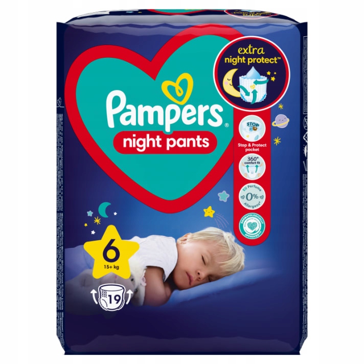 PAMPERS NIGHT PANTS 6 (15 KG+) PIELUCHOMAJTKI DLA DZIECI NA NOC 19SZT