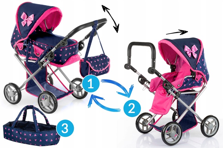 WÓZEK DLA LALEK GŁĘBOKI SPACERÓWKA GONDOLA 3w1 KINDERPLAY TORBA POŚCIEL