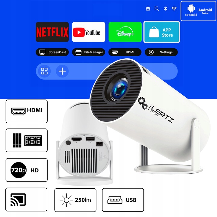 Projektor ANDROID rzutnik 4K WIFI PRZENOŚNY SMART FULL HD HY300 PRO