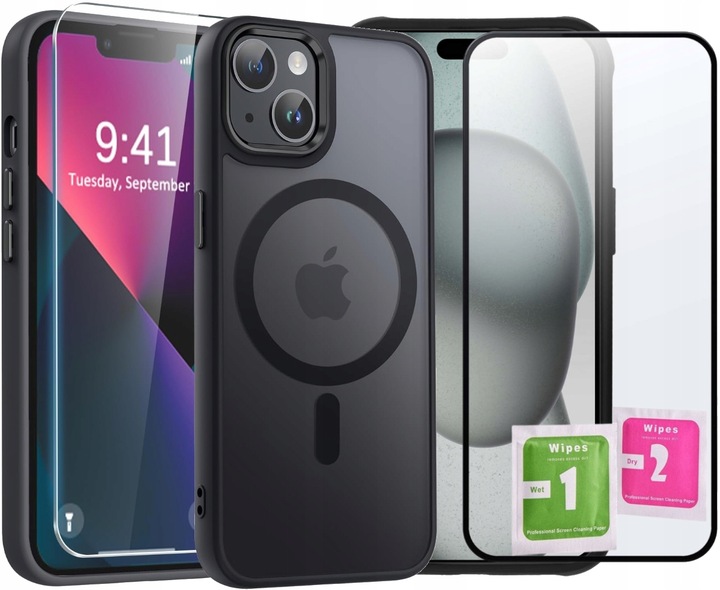 Etui do iPhone 15 do MagSafe MATT CASE WZMACNIANE 360° + 2x Szkło na ekran