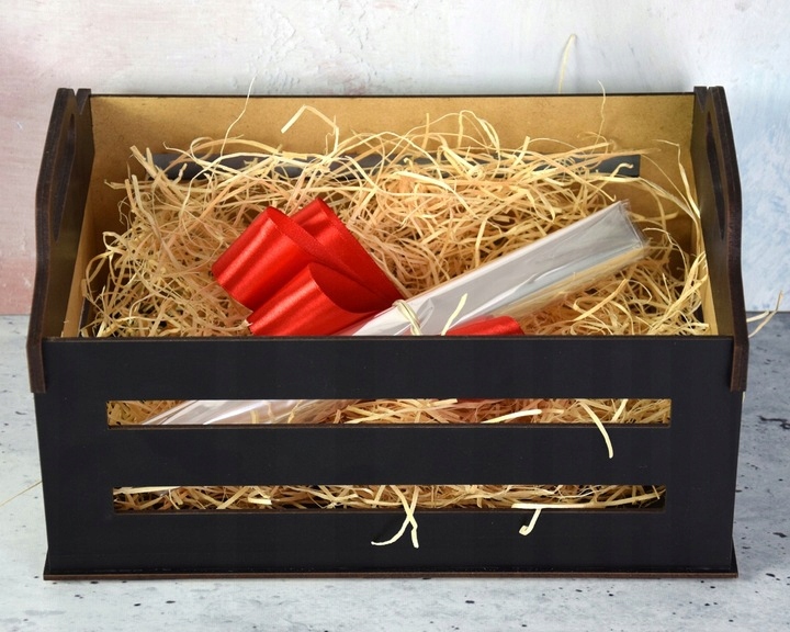 Czarny Koszyk Kosz Prezentowy Skrzynka Drewniana na Prezent Ślub Urodziny