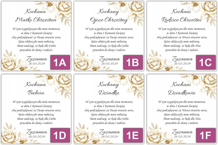 Podziękowanie dla Chrzestnych i Dziadków Rodziców Prezent Pierwsza Komunia