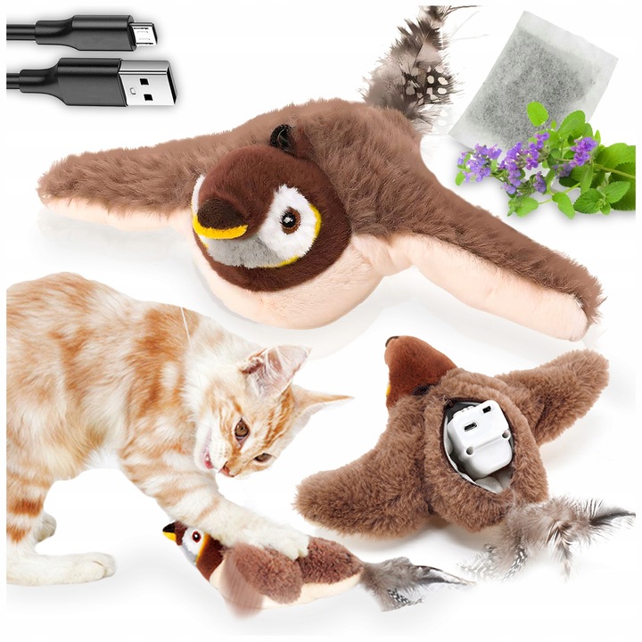 INTERAKTYWNA ZABAWKA DLA KOTA PLUSZOWY PTAK RUCHOMY PTASZEK +