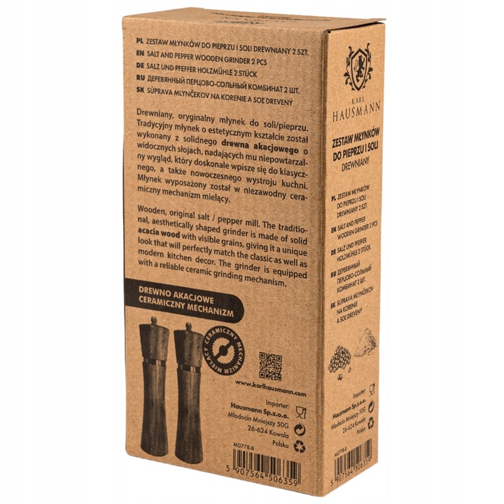 MŁYNEK RĘCZNY DO SOLI i PIEPRZU DREWNIANY ZESTAW 2 KARL HAUSMANN