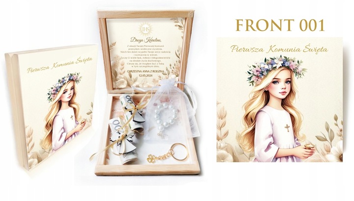 Pamiątka Komunii Świętej PREZENT Na Komunię Różaniec Brelok Pudełko