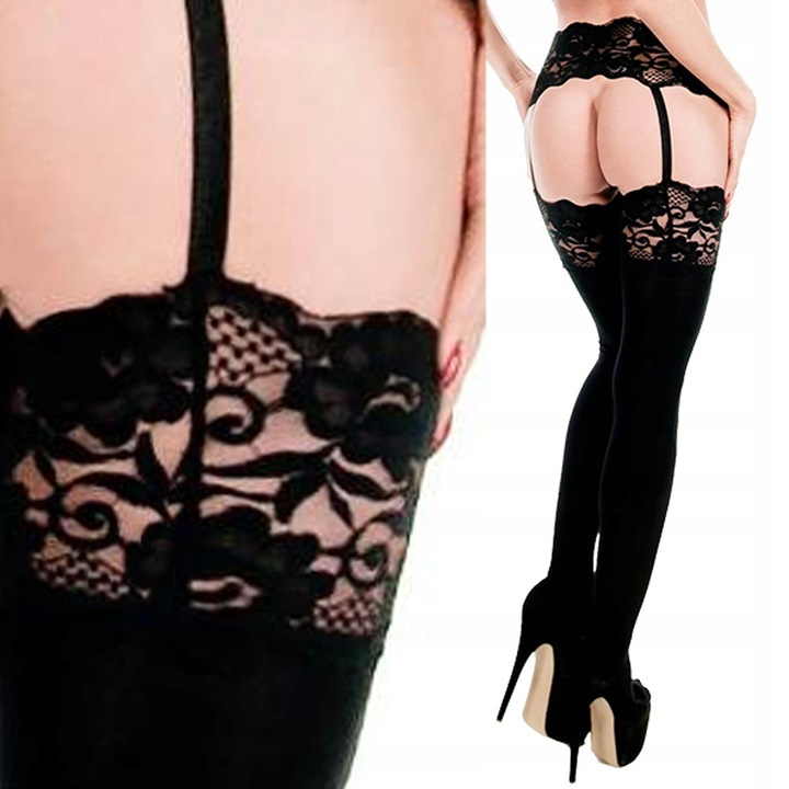 STRIPPANTY Rajstopy jak pończochy SZEROKIE KORONKI z podwiązkami i pasem