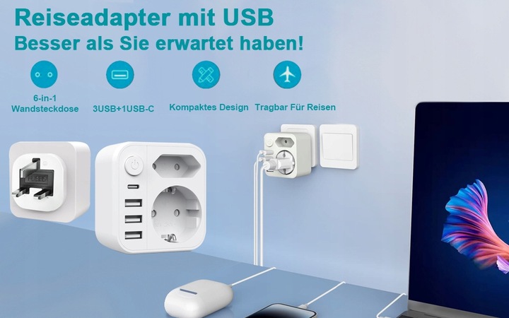 ŁADOWARKA TYP G Adapter podróżny 3USB+1USB-C, UK WTYCZKA