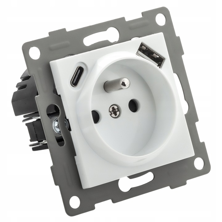 Gniazdko pojedyncze SZKLANE 230V KONTAKT z BOLCEM uziemieniem BIAŁE + USB C