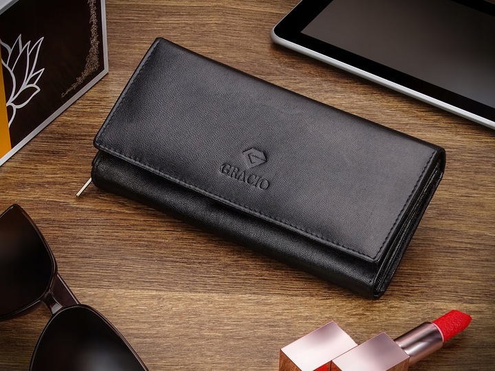 Portfel Damski Czarny Skóra Naturalna Gracio Duży Pojemny PREZENT