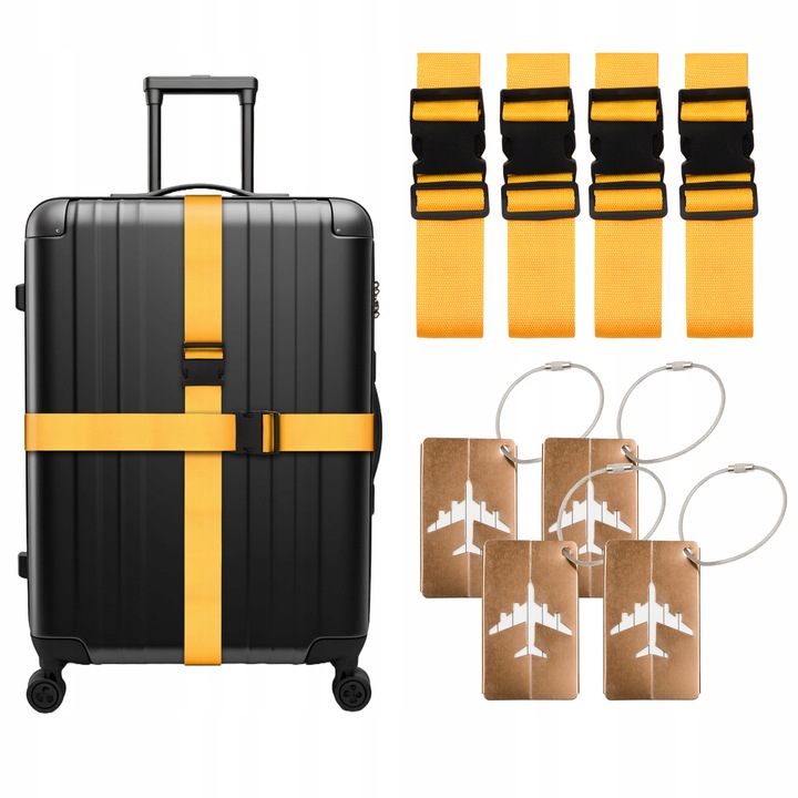 4x PAS BAGAŻOWY podwójny żółty nylon 190cm x 5cm + 4x PRZYWIESZKI metalowe