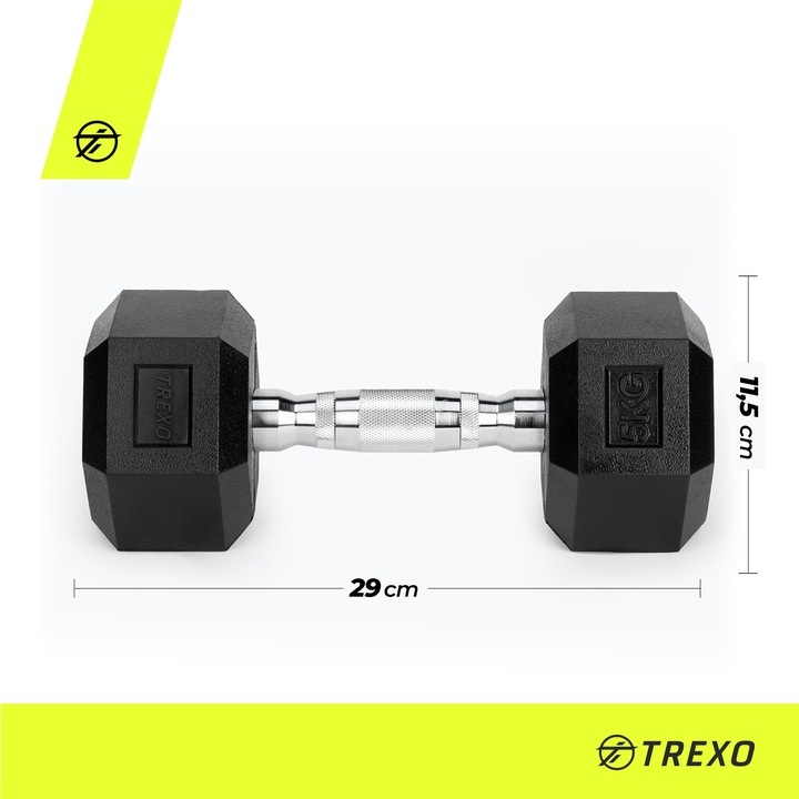 Hantel ogumowany TREXO Hex 5 kg Żeliwny ANTYPOŚLIZGOWY I SOLIDNY DO ĆWICZEŃ