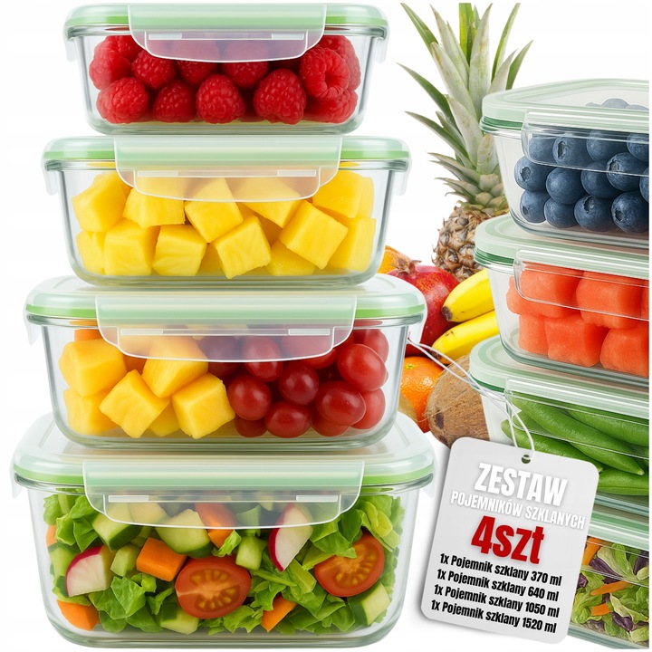4x POJEMNIK NA ŻYWNOŚĆ SZKLANY ZESTAW POJEMNIKI SZKLANE Z POKRYWĄ