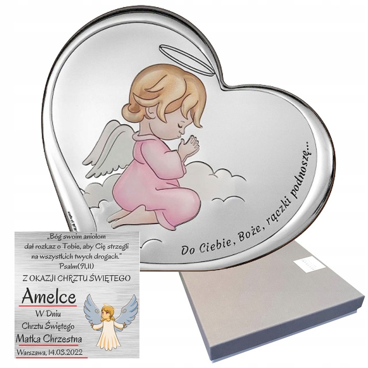 SREBRNY OBRAZEK PAMIĄTKA CHRZTU ŚWIĘTEGO ANIOŁEK ANIOŁ STRÓŻ CHRZEST GRAWER