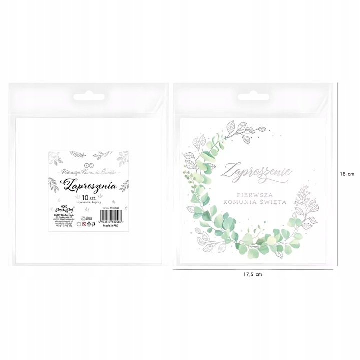 ZAPROSZENIA NA KOMUNIE komunijne + KOPERTY białe eukaliptus dla gości 10szt