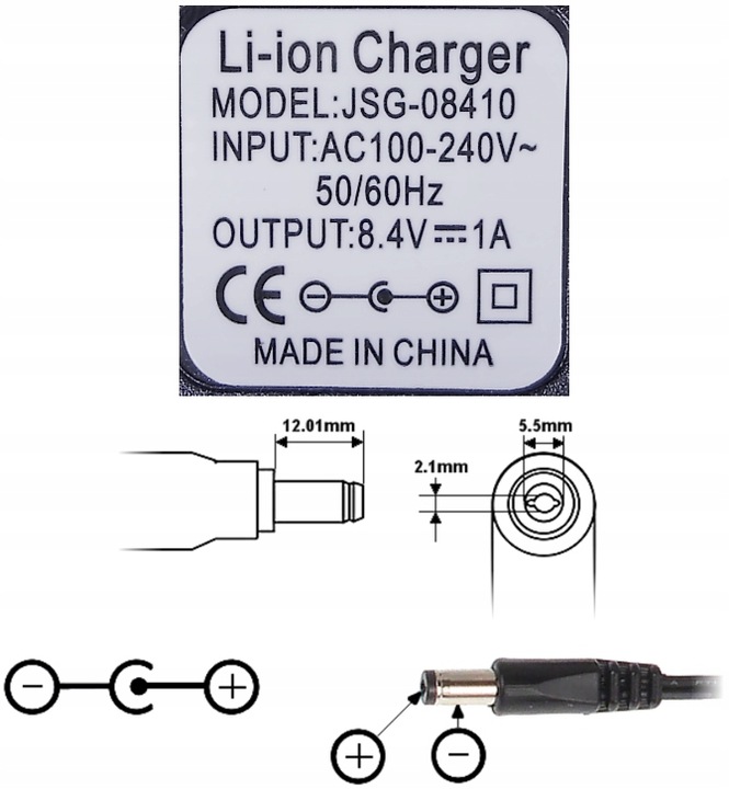 ŁADOWARKA SIECIOWA ZASILACZ SIECIOWY 8.4V 1A WTYK 5.5x2.1 KABEL 90CM
