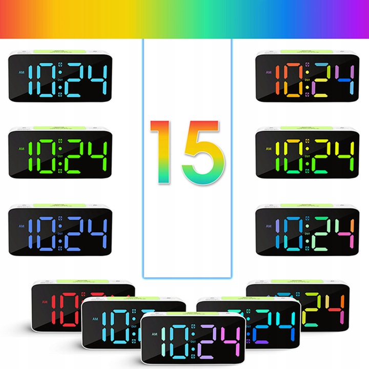 BUDZIK ZEGAR ELEKTRONICZNY RGB LED GŁOŚNY STOJĄCY CYFROWY LAMPKA KABEL USB