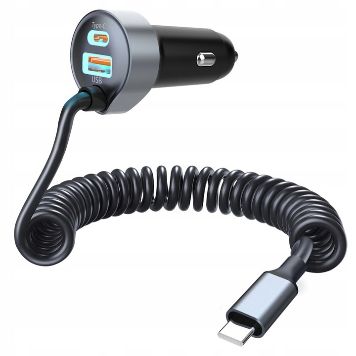Mocna ładowarka samochodowa POLION USB-A 2xUSB-C 65W QC3.0 PD z przewodem