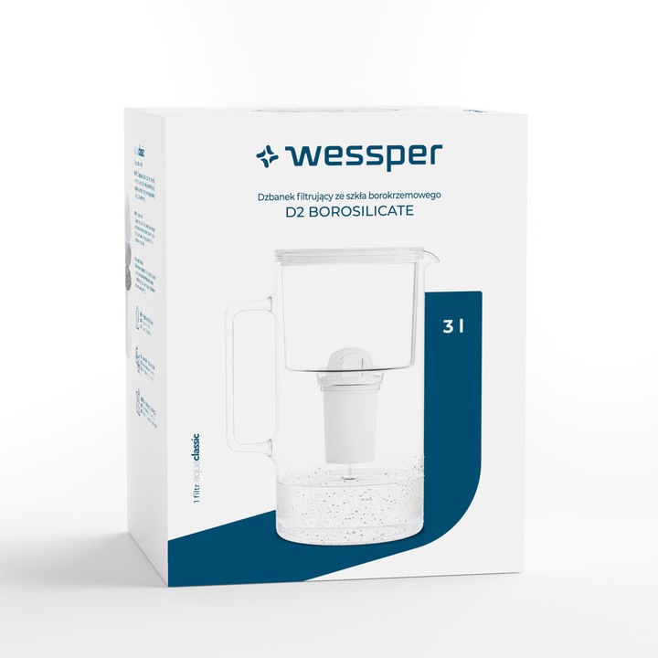 Dzbanek filtrujący szklany Wessper WES202-WH 3l Biały 1x filtr