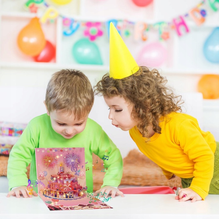 Kartka URODZINOWA GRAJĄCA Melodia ŚWIATŁO TORT LED ZDMUCHNIJ ŚWIECZKĘ Magia