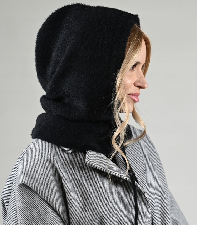 Balaclava czarna miekka Alpaka Czapka damska Kominiarka KAPTUR komin