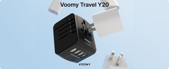 Wtyczka światowa VOOMY - 170+ krajów, 20W, 3 USB-A & 1 USB-C, Czarna