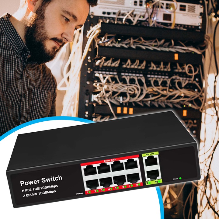 Switch POE 8+2 8xPOE 2xUplink 10/100Mbps PoE+ do Kamer + funkcja EXTEND