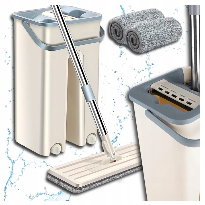 MOP PŁASKI Z WYCISKACZEM WIADREM DWUKOMOROWYM + WKŁADY MIKROFIBRA