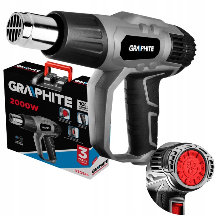 GRAPHITE OPALARKA 2000W 3 ZARKESY TEMPERATUR 550°C KABEL 3M WALIZKA