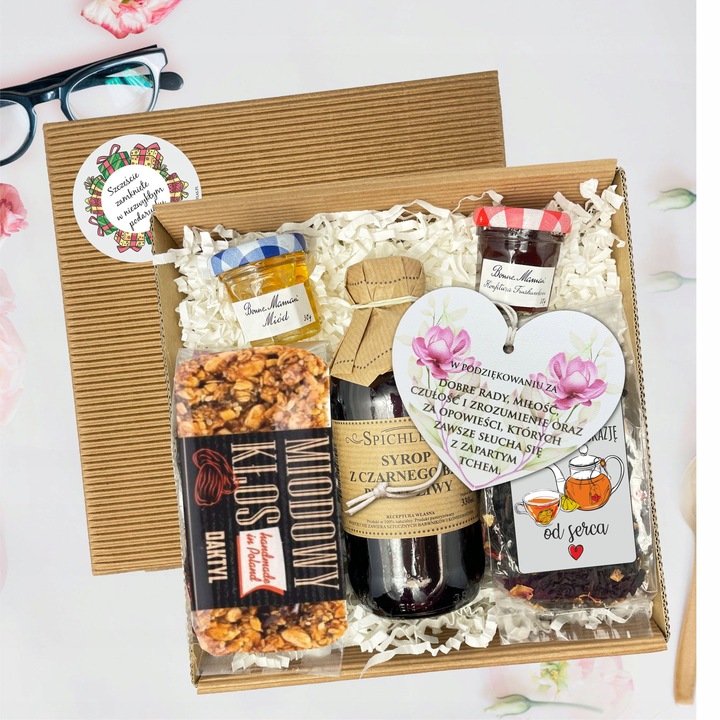 ZESTAW DLA BABCI I DZIADKA HERBAT SYROP KONFITURA MIÓD PUDEŁKO UPOMINEK BOX