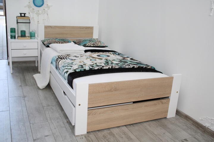 Łóżko pojedyncze drewniane LEA 90x200 białe Dąb Sonoma stelaż