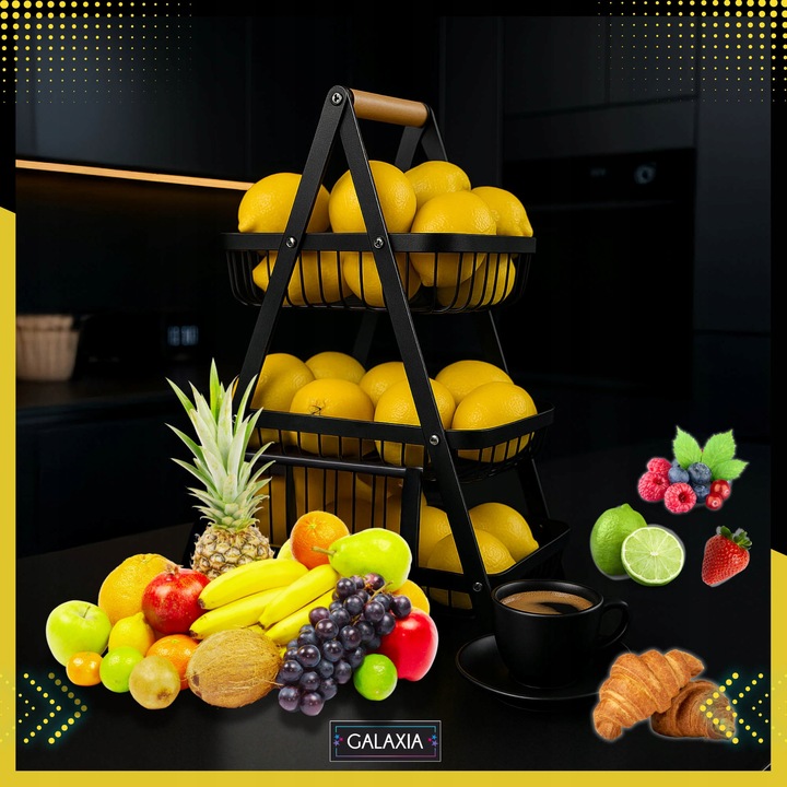 KOSZ NA OWOCE Koszyk na Warzywa Stojak Piętrowy Czarny 3 Poziomy