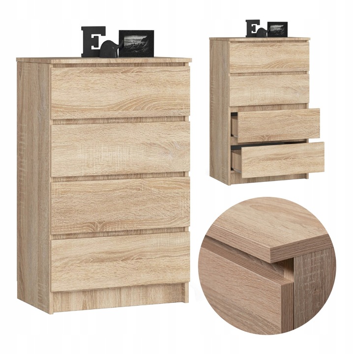 Komoda klasyczna 60 cm 4 szuflady bezuchwytowa szafka komody Dąb