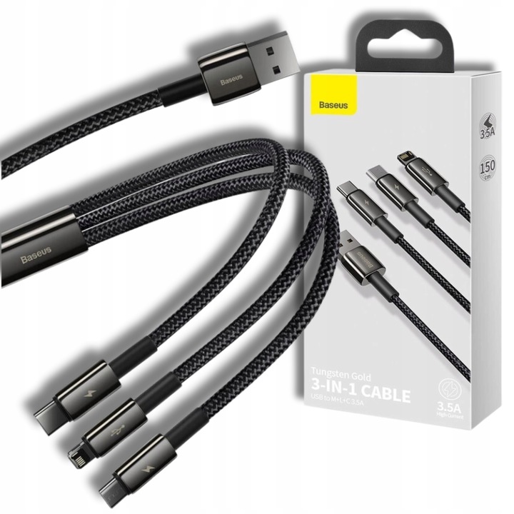 BASEUS SZYBKI KABEL 3w1 MOCNY PRZEWÓD USB - USB-C/Lightning/micro USB 1,5 m