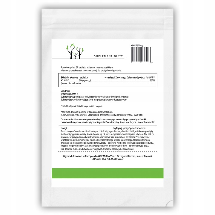 FOREST WITAMINA K2 MK-7 500mcg 100 tab NATURALNA