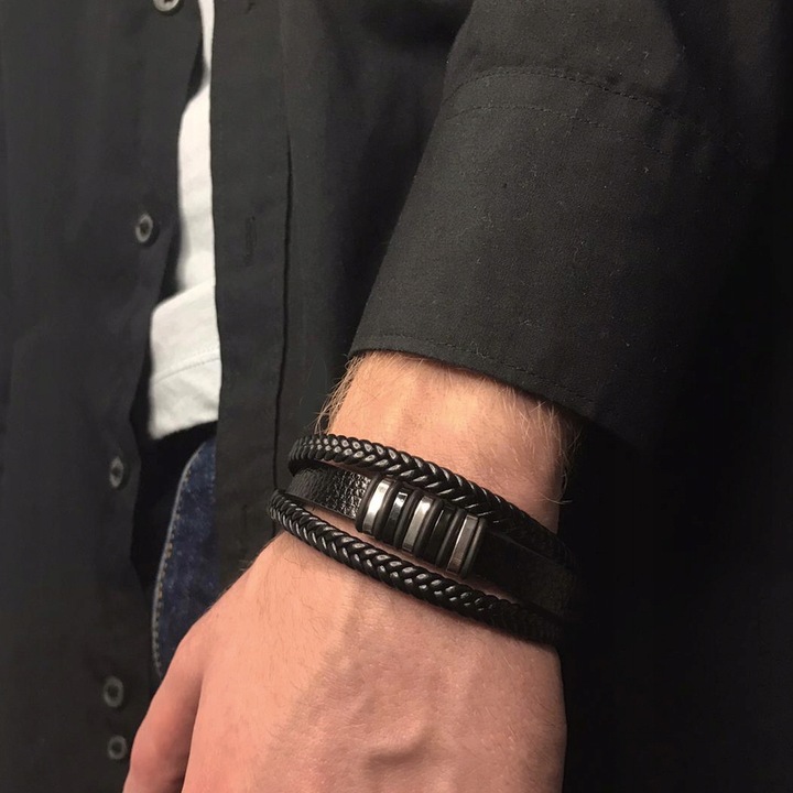 BRANSOLETKA MĘSKA SKÓRZANA CZARNA MOCNA NA PREZENT REGULOWANA PREMIUM LOVLY