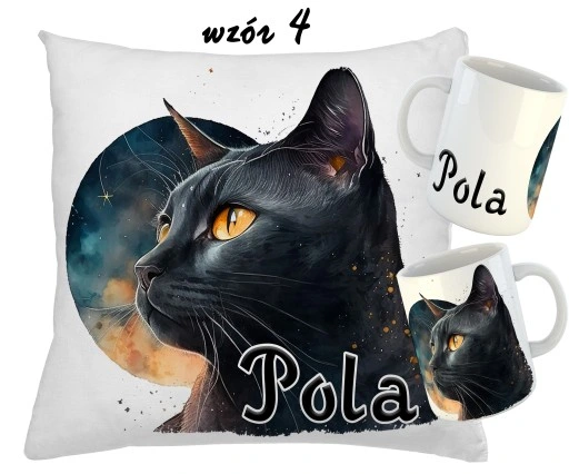 Zestaw KUBEK + PODUSZKA KOTY KOT + RÓŻNE WZORY + IMIĘ UNIKALNY WYJĄTKOWY