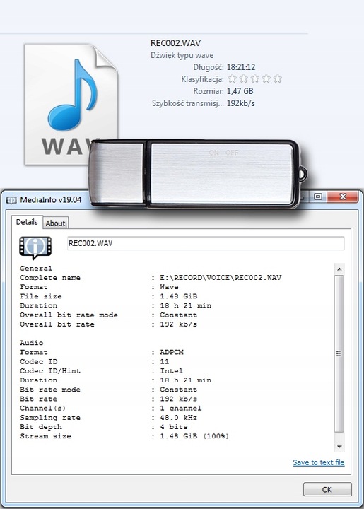 Profesjonalny MINI Dyktafon Cyfrowy PENDRIVE Podsłuch Szpiegowski SPY