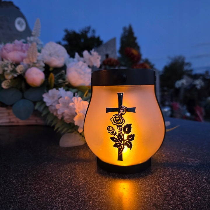ZNICZ SOLARNY LED LAMPION NA GRÓB STATUETKA NA CMENTARZ RÓŻA KRZYŻ NAGROBNY