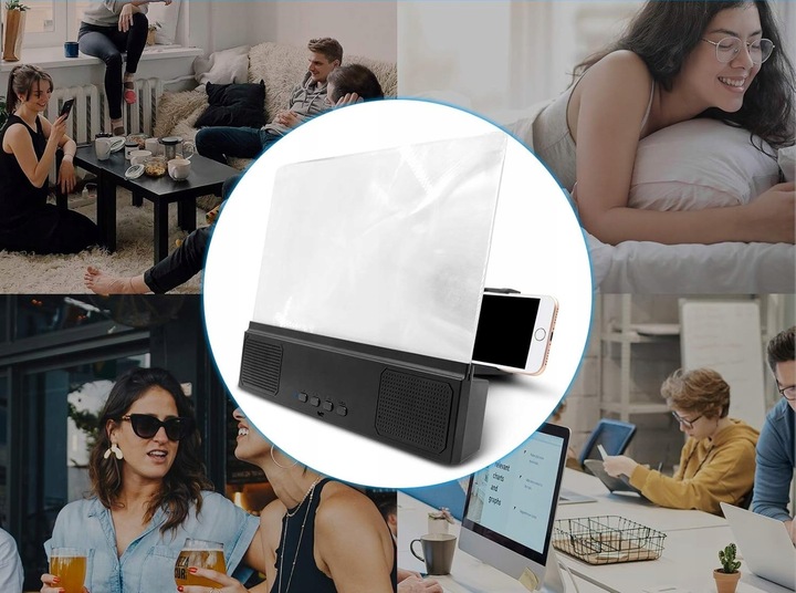 Szkło Powiększające Lupa 3D Ekran 12 Głośnik Bluetooth 2w1 Składany Uchwyt