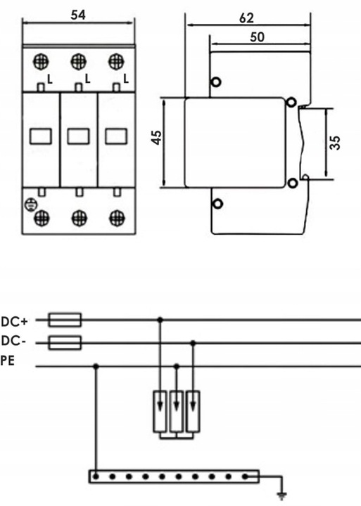 OGRANICZNIK OCHRONNIK PRZEPIĘĆ PRZEPIĘCIOWY FOTOWOLTAIKA 1000V DC 3P