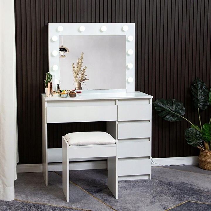 TOALETKA KOSMETYCZNA BIAŁA Reha M z OŚWIETLENIEM Z LUSTREM LED TABORETEM