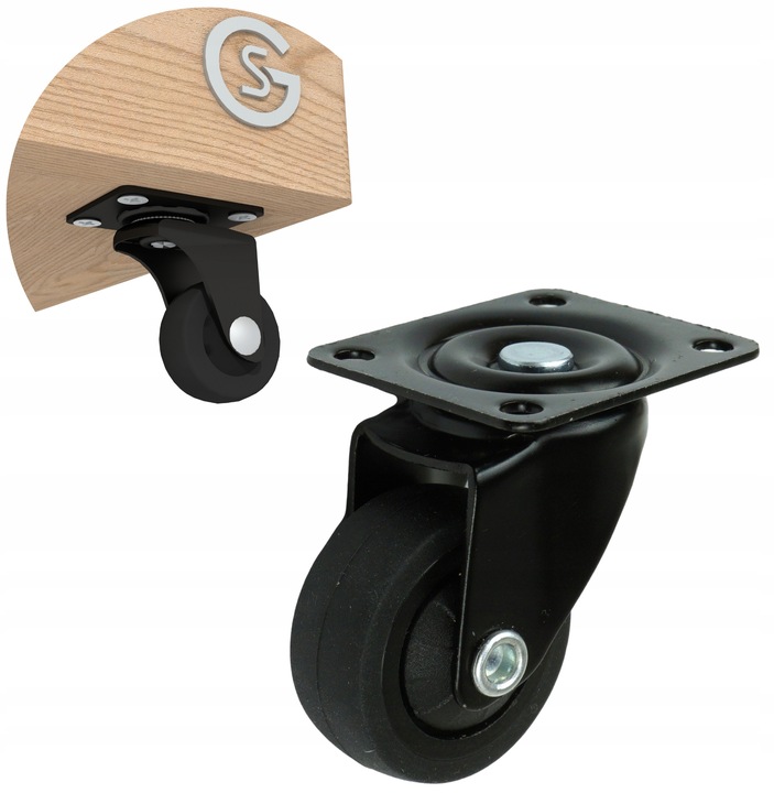 Kółko meblowe obrotowe, czarne, hamulec - zestaw