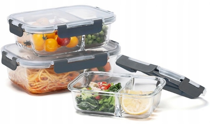 LUNCHBOX POJEMNIK SZKLANY NA ŻYWNOŚĆ ZESTAW 3SZT DWUKOMOROWE HERMETYCZNE