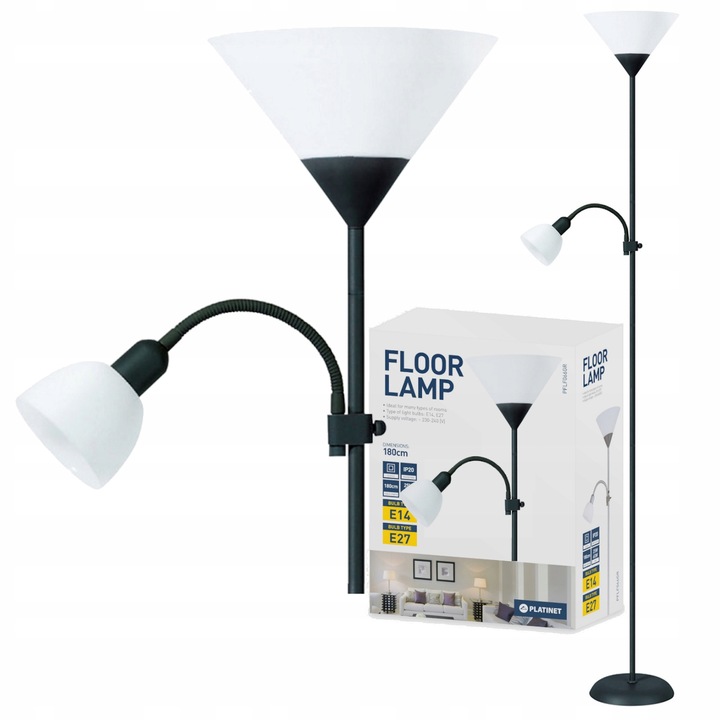 LAMPA podłogowa stojąca E27 + E14 czarna 180cm