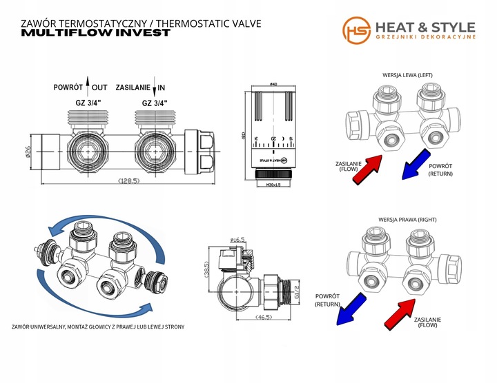 Zawór termostatyczny zespolony MULTIFLOW INVEST, biały prawy