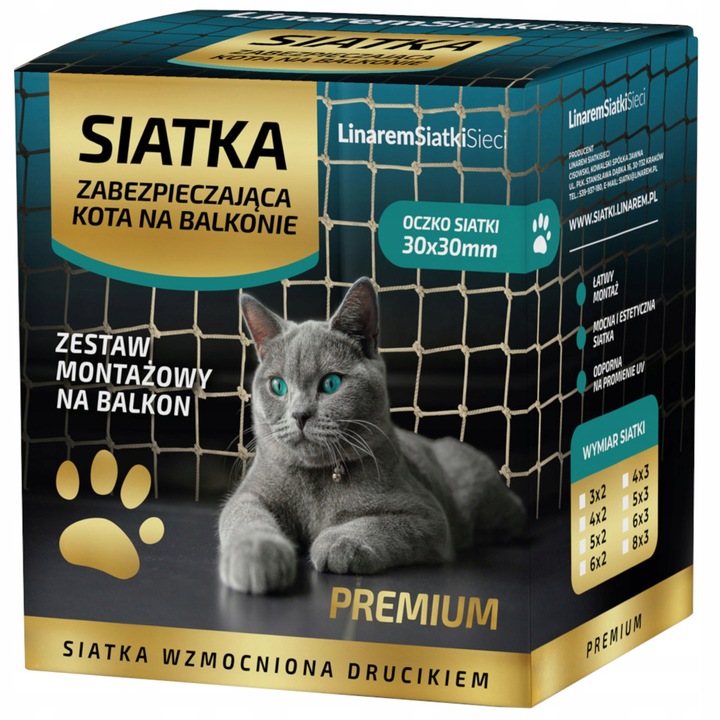 ZESTAW SIATKA NA BALKON 6x3 DLA KOTA Z DRUCIKIEM PREMIUM 110g BEZ WIERCENIA
