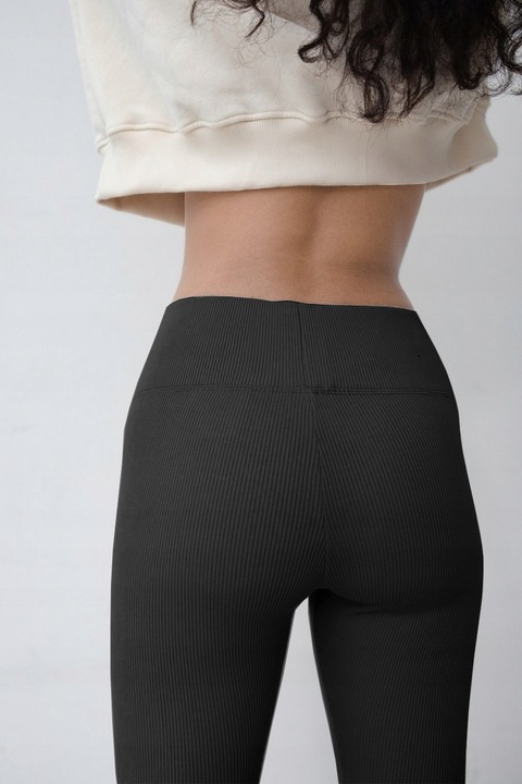 LEGGINSY BAMBUSOWE PRĄŻKOWANE DŁUGIE WYSOKI STAN getry CZARNE KRYJĄCE - S/M