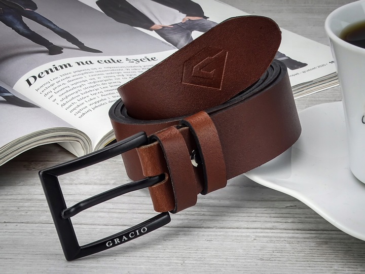 GRACIO meski skorzany PASEK brazowy KLAMRA czarna